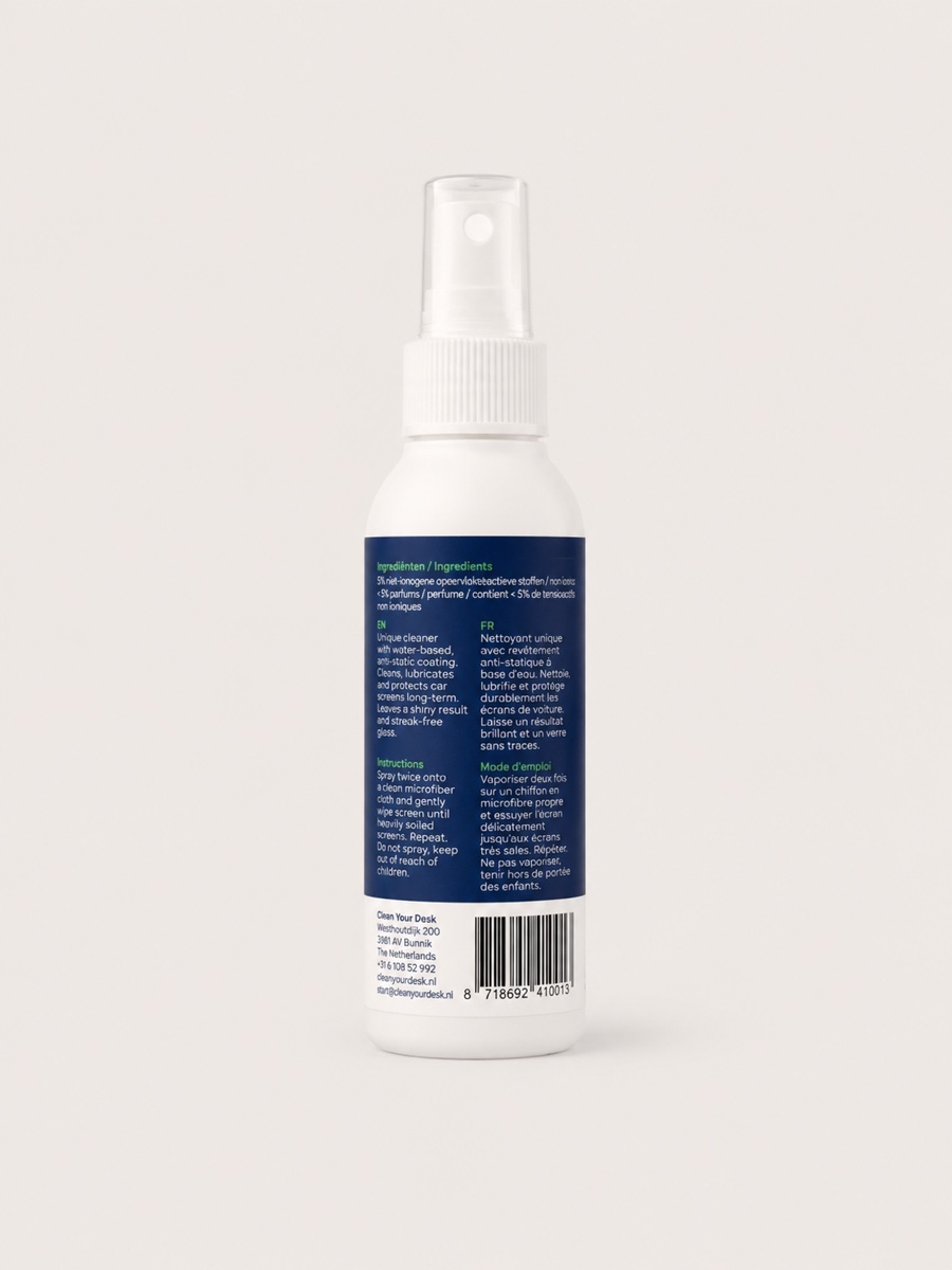 Achterzijde van de flacon Car Screen Cleaner met gebruiksaanwijzing in het Nederlands, Engels en Frans
