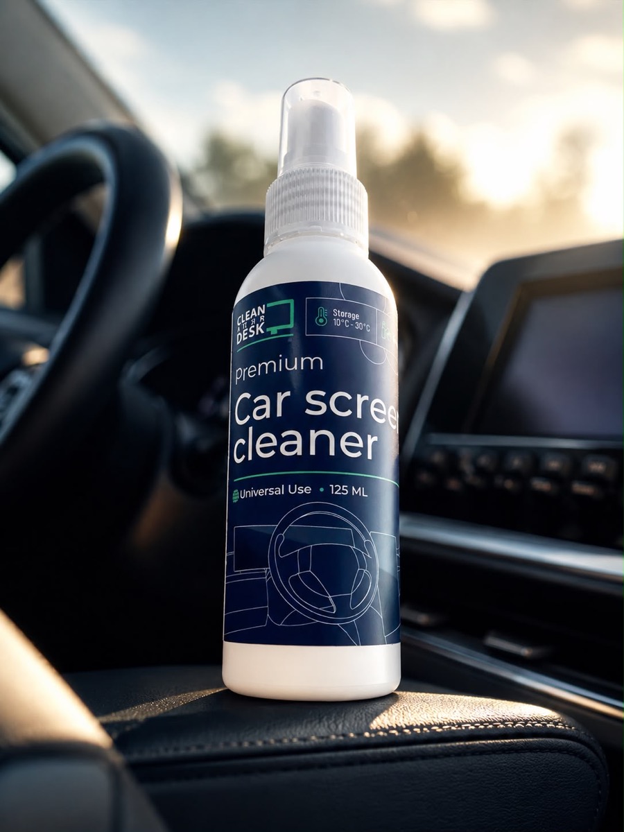 Car Screen Cleaner op de middenconsole van een auto, met stuur en touchscreen op de achtergrond