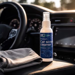 Car Screen Cleaner met opgevouwen grijs microvezeldoekje op de middenconsole van een auto