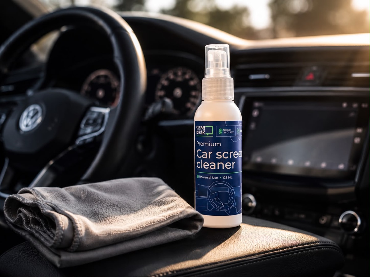 Car Screen Cleaner met opgevouwen grijs microvezeldoekje op de middenconsole van een auto